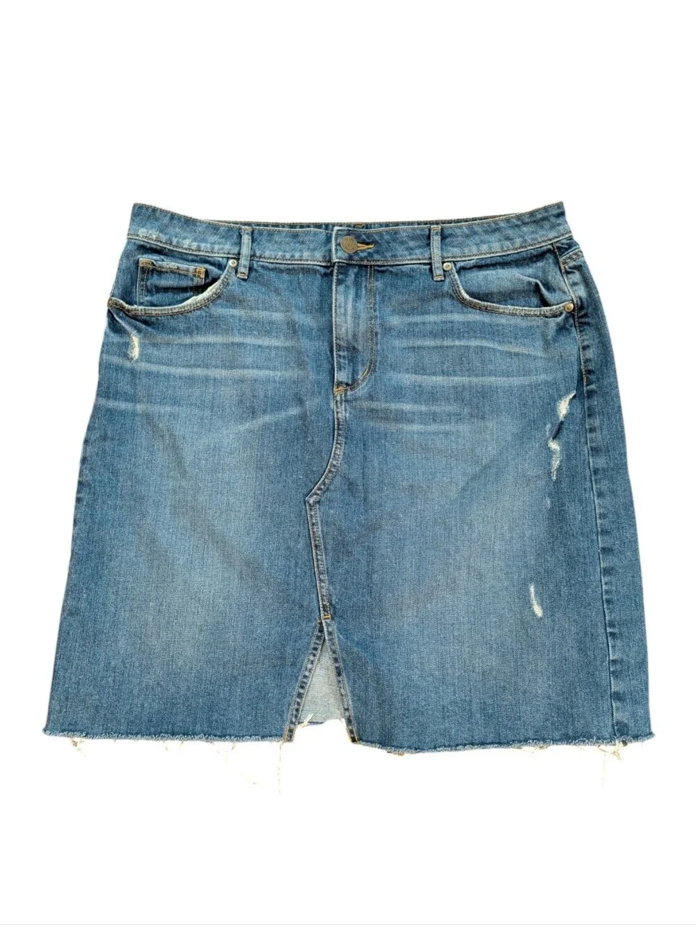 LOFT Made & Loved Denim Mini Skirt Size 14 100% Cotton Front Slit Raw Hem